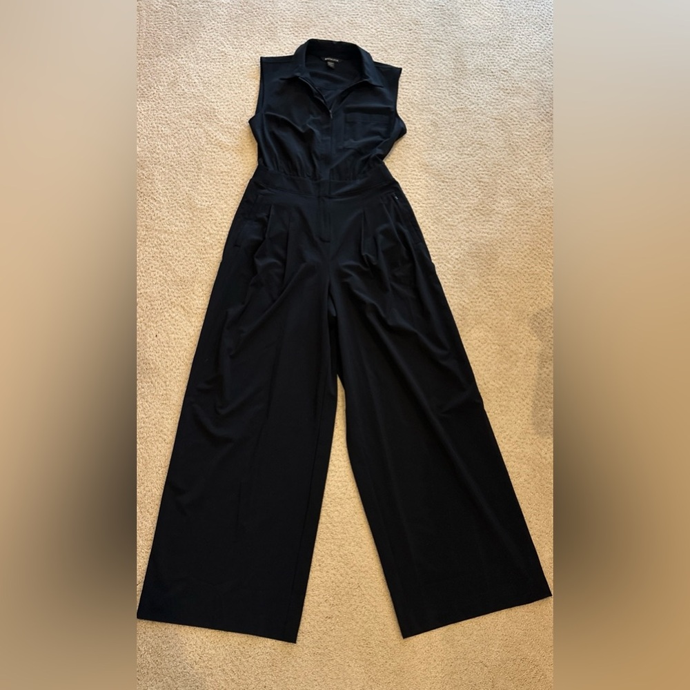 Athleta Classic Black Jumpsuit Wide Leg Collared Brooklyn Heights Pockets